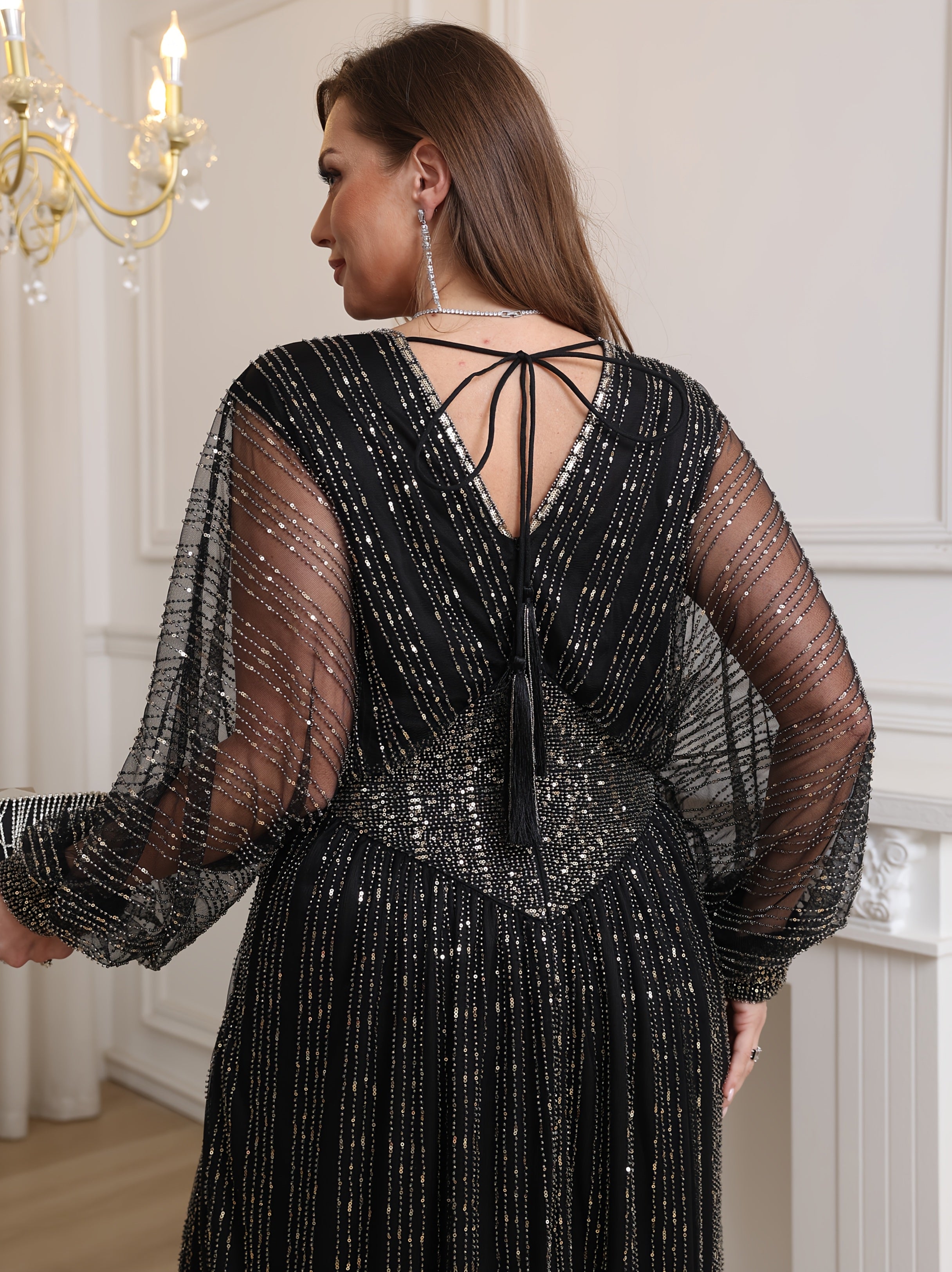 Women's Beaded Sequin V-Neck Batwing Sleeve Midi Dress Formal Party Wear