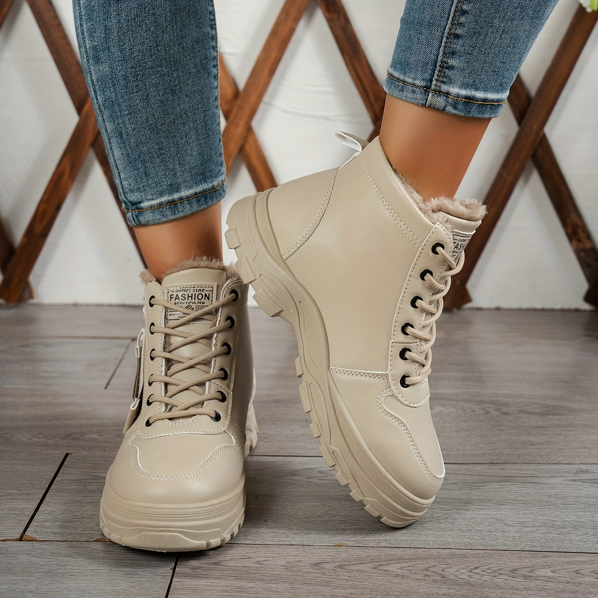 Women's Winter High-Top Boots Fleece Lined Rubber Sole Lace-Up Mid-Heel
