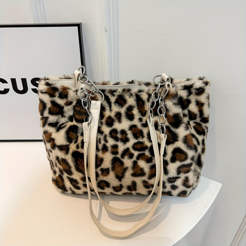Ayollar uchun zamonaviy leopard naqshli sumka - ajraladigan tasma bilan uslubiy sun'iy mo'yna to'plami, keng yelka sumkasi, har kuni kiyish uchun ko'p maqsadli krossbody sumkasi, 18 yoshdan oshgan zamonaviy kattalar uchun trendy aksessuar