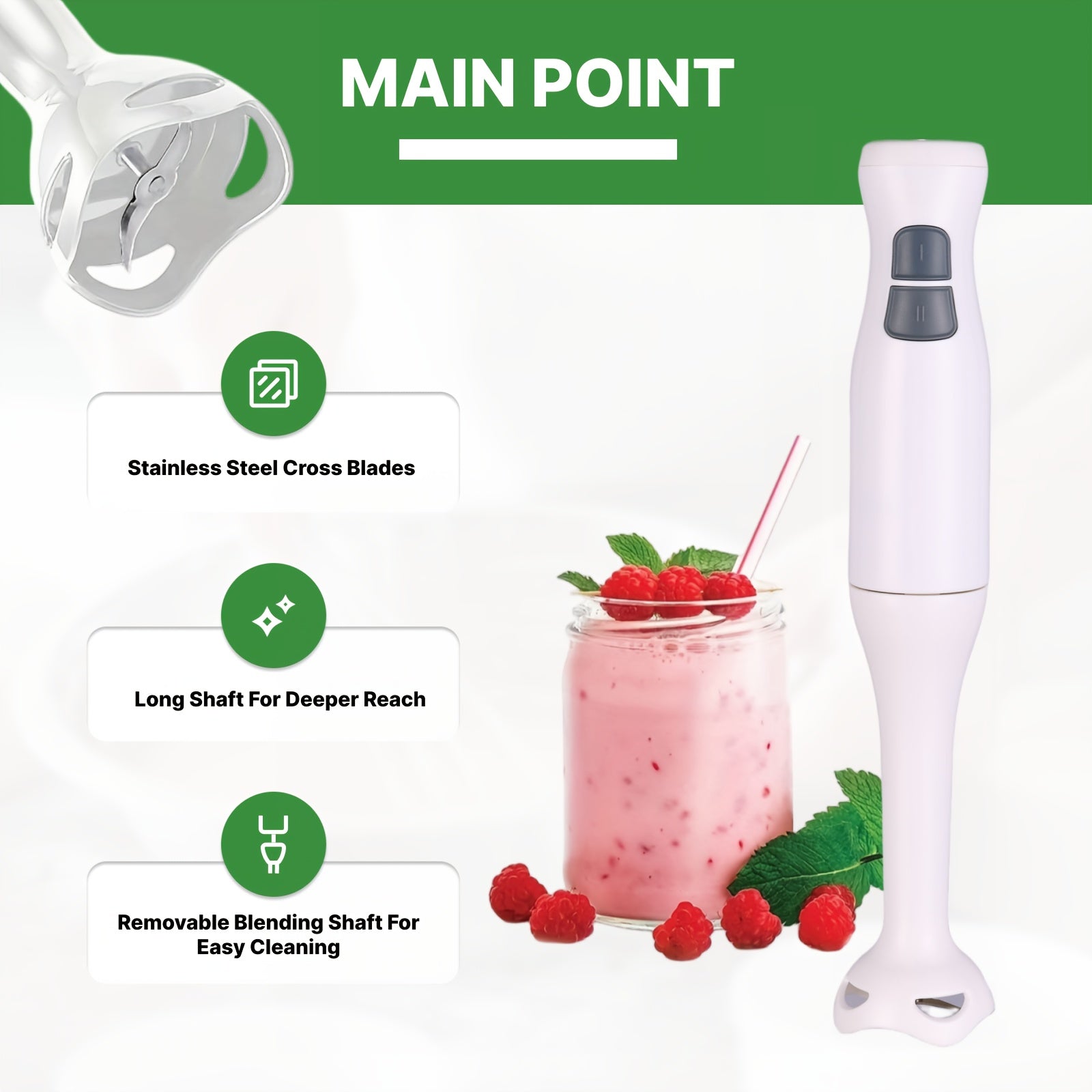 Electric Immersion Hand Blender Stainless Steel 2-Speed Mixer Chopper Ice Crushing