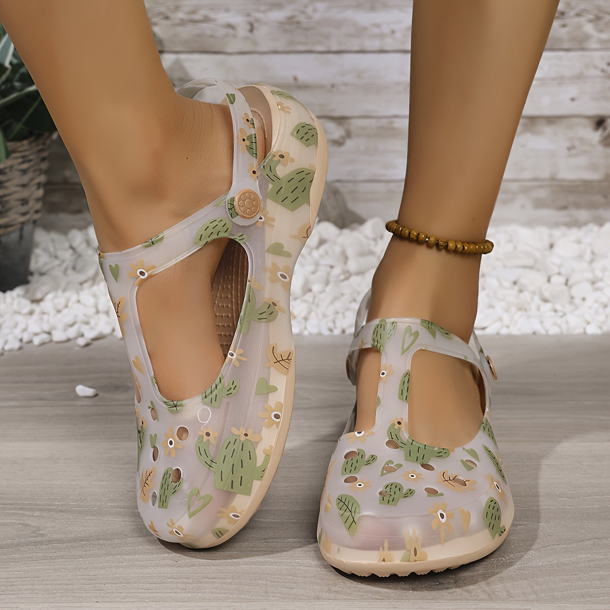 Women's EVA Slip-On Sandals with Cartoon Floral Pattern and Mid-Heel