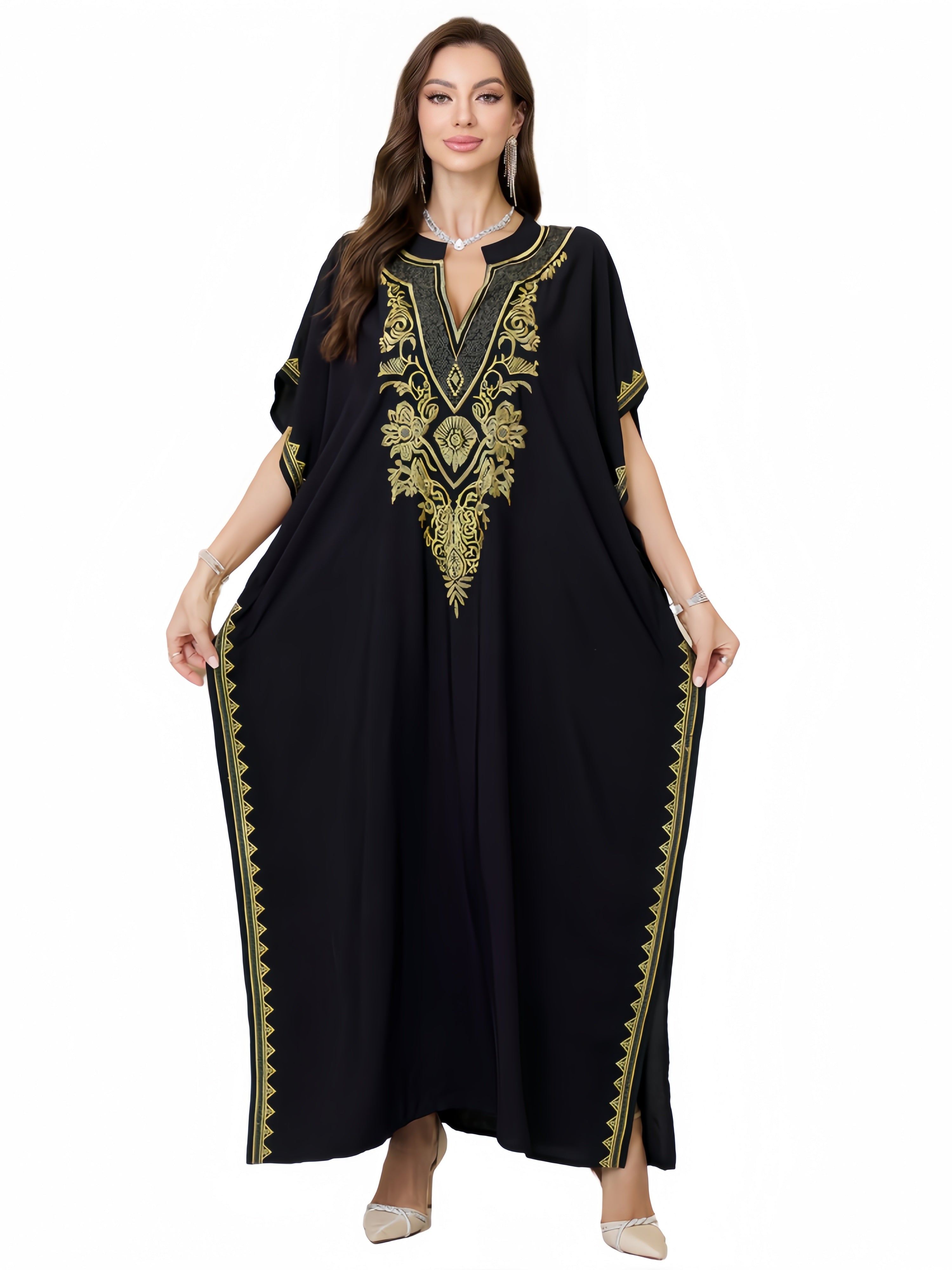 Plus Size Floral Embroidered Maxi Kaftan Dress with Notched Neck and Batwing Sleeves