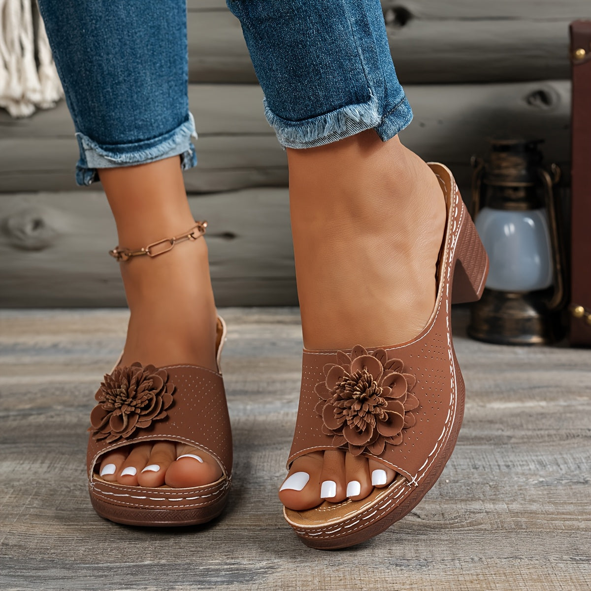 Women's Floral Embellished Mid-Heel Slide Sandals Open-Toe Beige Dressy Footwear