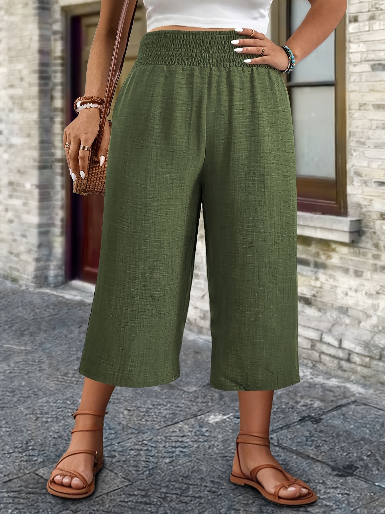 Women's Plus Size Cropped Straight-Leg Pants High Waist Black Denim Look