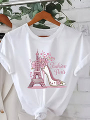 Women's Parisian Eiffel Tower Graphic T-Shirt Floral Accents Casual Top