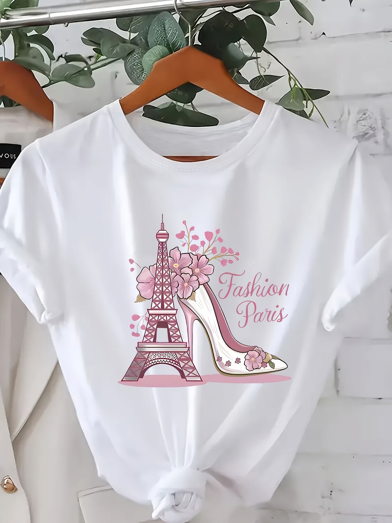 Women's Parisian Eiffel Tower Graphic T-Shirt Floral Accents Casual Top