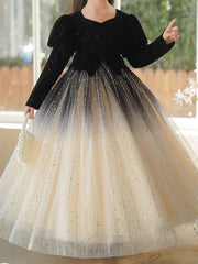 Girls' Long Sleeve Princess Dress with Contrast Sequin Solid Color Winter Romantic Style