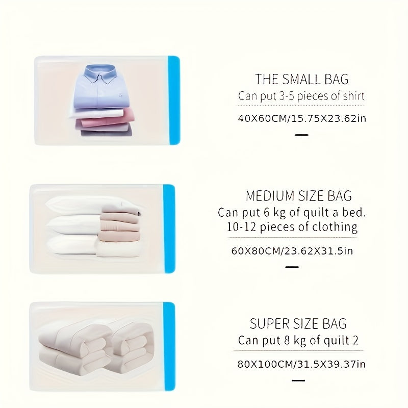 Набор из 6 вакуумных упаковок, идеально подходящих для хранения одежды и одеял, идеально для организации и легкого извлечения предметов. Включает вакуумные компрессионные пакеты и ручной насос.