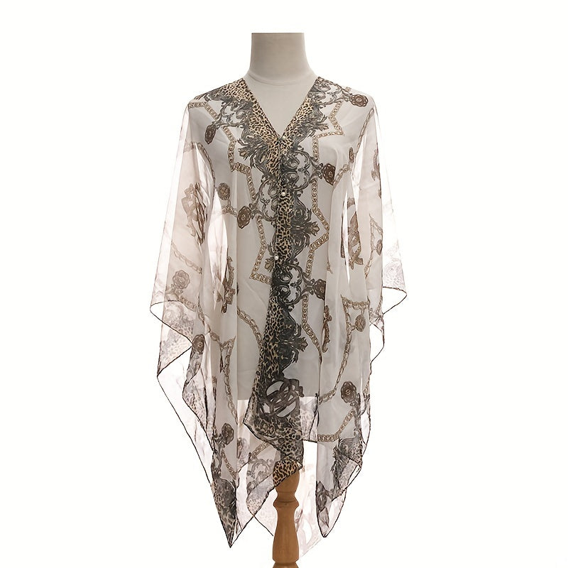 Large Lightweight Imitation Silky Shawl with Letter Chain Stripe Design for Beach and Seaside Travel