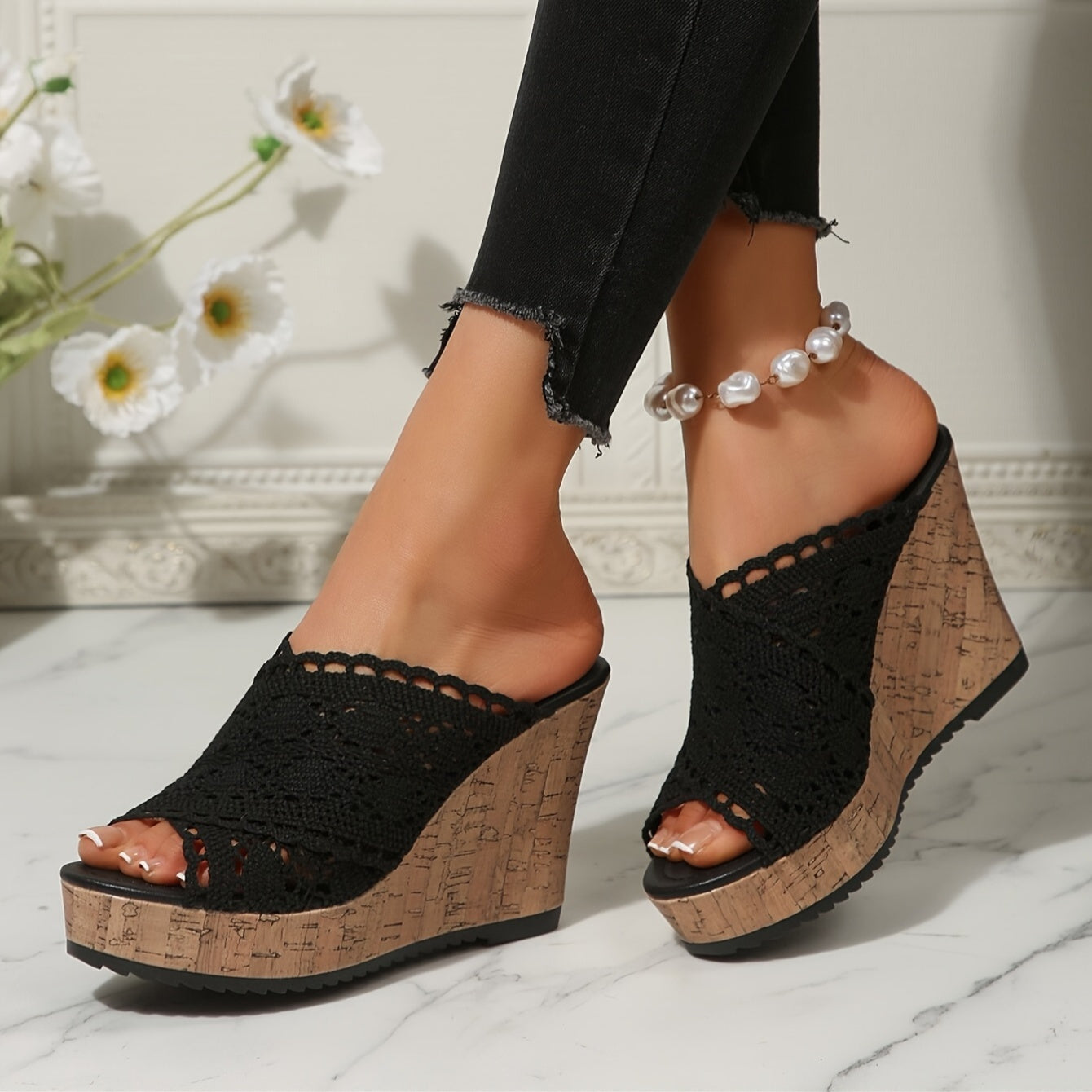 Women's Black Lace-Up Platform Shoes with Wooden Sole and Peep Toe