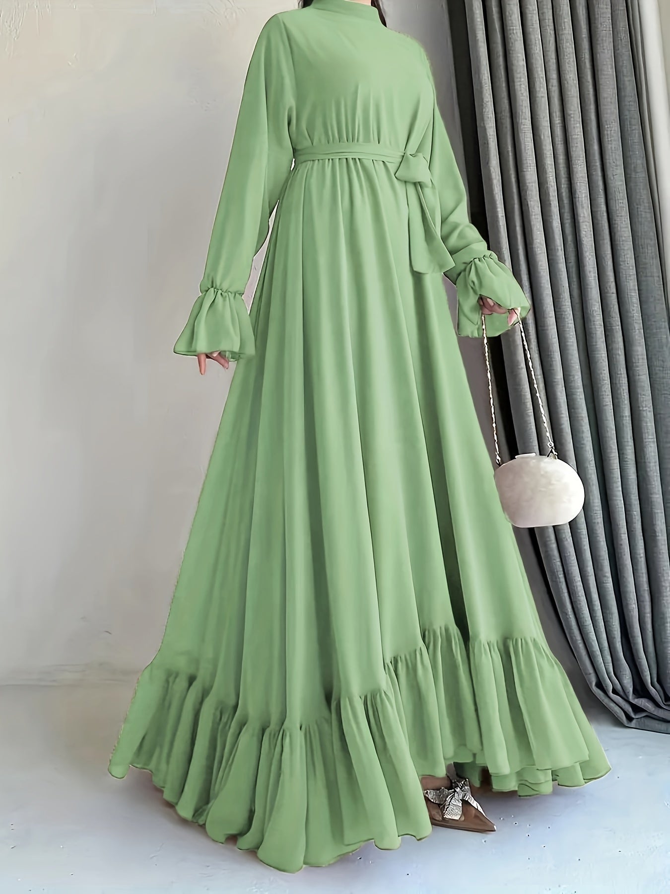 Solid Color Dress with Belted Ruffle Hem Long Sleeve Mock Neck for Spring and Fall