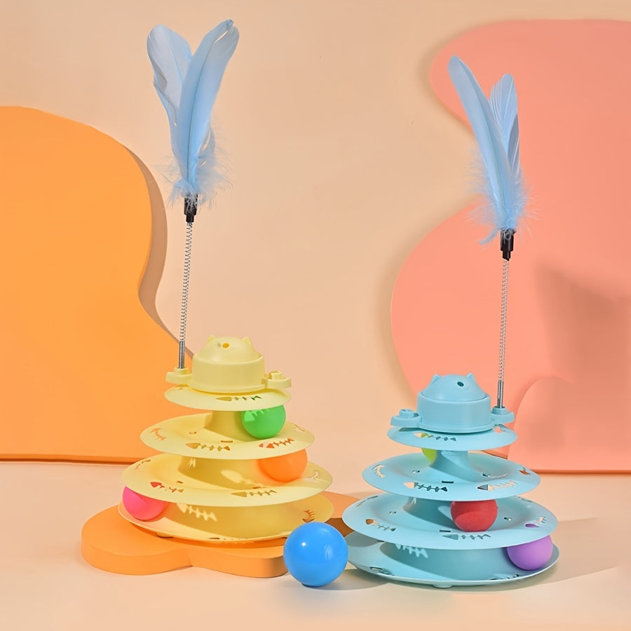 Прочный игровой комплекс для кошек включает вращающиеся шарики, 4-уровневую дорожку, перьевую игрушку и неэлектрический дизайн.