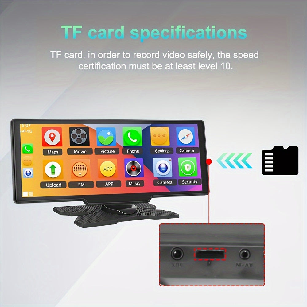 Monitor de coche portátil de 10.26 pulgadas con DVR y cámara trasera, compatible con Android Auto