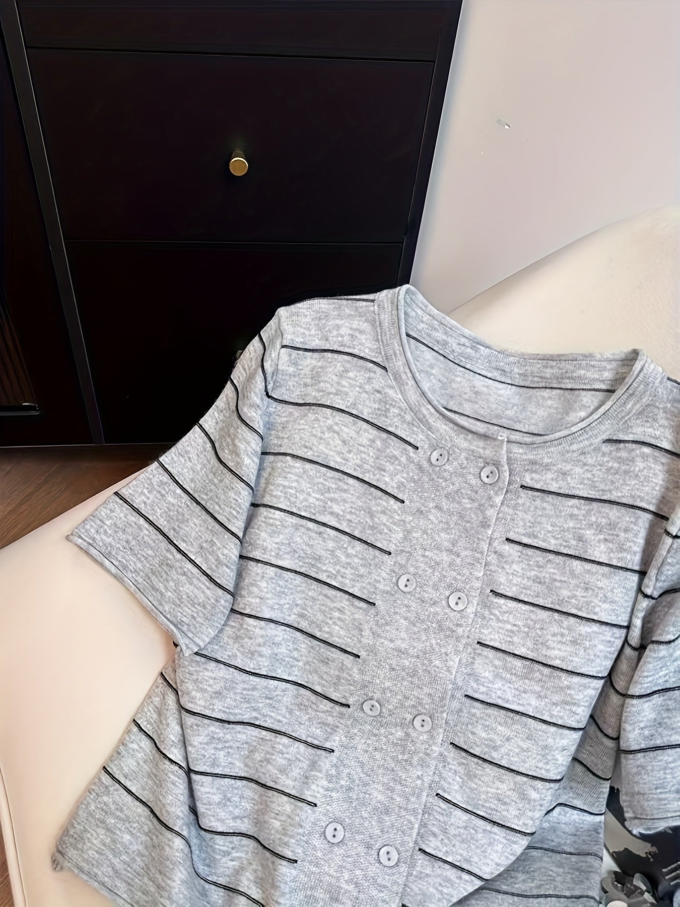 Plus Size Women's Striped Cardigan Light Gray White Short Sleeve Casual Top