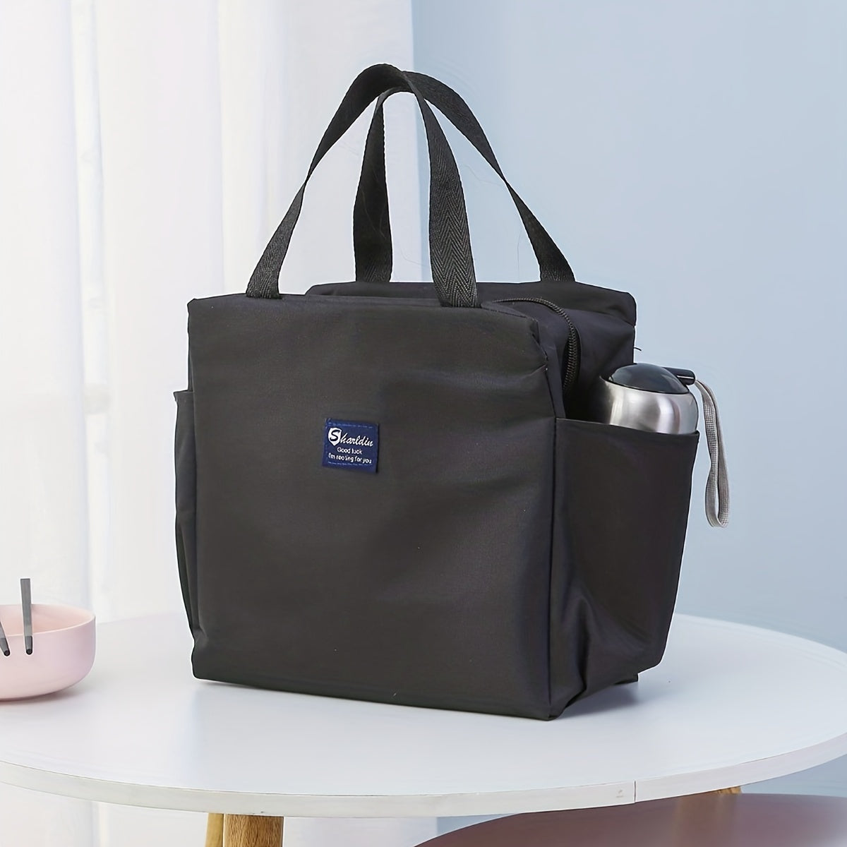 Insulated Lunch Bag with Two Pockets Oxford Cloth Durable Hand Washable for School Work Picnic Beach