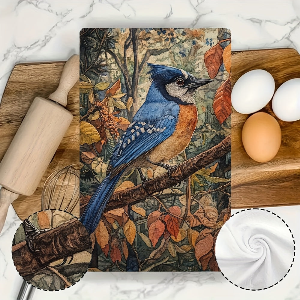 Set of 2 Coastal Blue Jay Kitchen Towels 40x60cm Super Absorbent Machine Washable