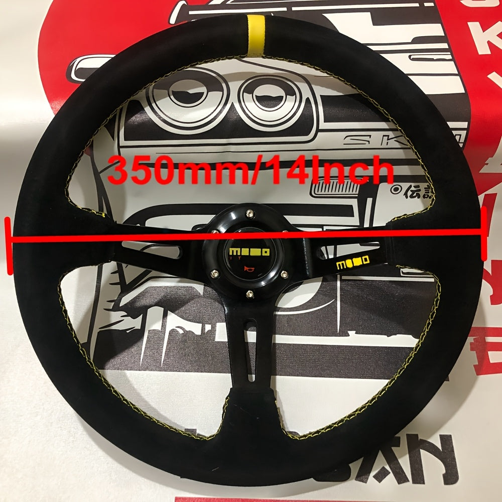 Universal Leather Racing Steering Wheel 14 Inch Deep Dish Yellow Stripe