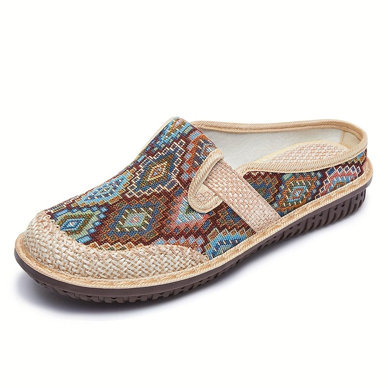 Women's Ethnic Style Slip-On Sandals with Fabric Upper and Low Heel
