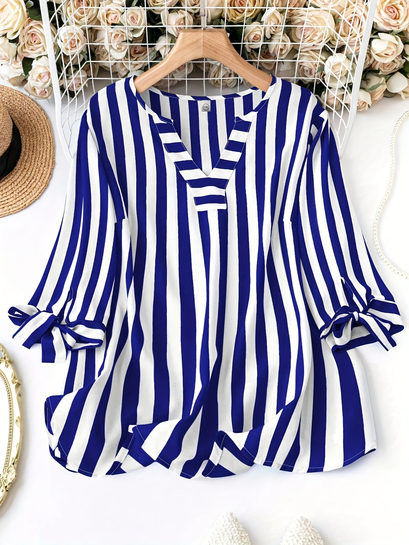 Plus Size Striped Blouse with Notched Neck Tie Cuff for Spring