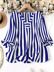Plus Size Striped Blouse with Notched Neck Tie Cuff for Spring
