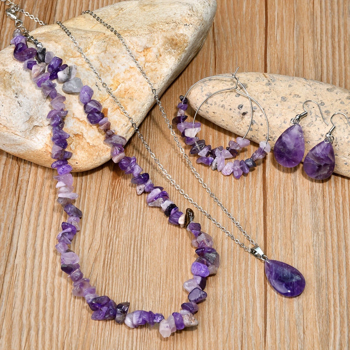 Boho-Chic Amethyst Jewelry Set Natural Stone Necklace and Earrings Gift for Women