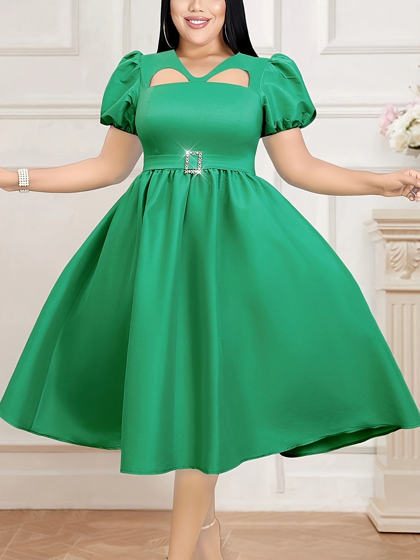 Women's A-Line Midi Party Dress V-Neck Puff Sleeves Belt Solid Color