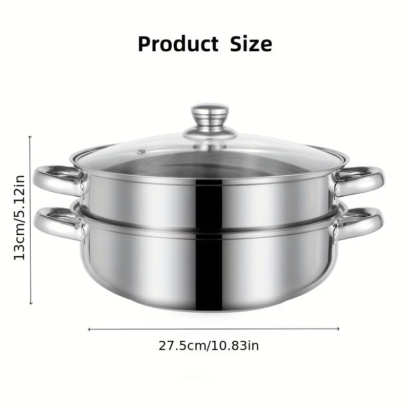 Two-Tier Stainless Steel Steamer Pot Set with Glass Lid, Induction Ready, Food and Vegetable Steaming
