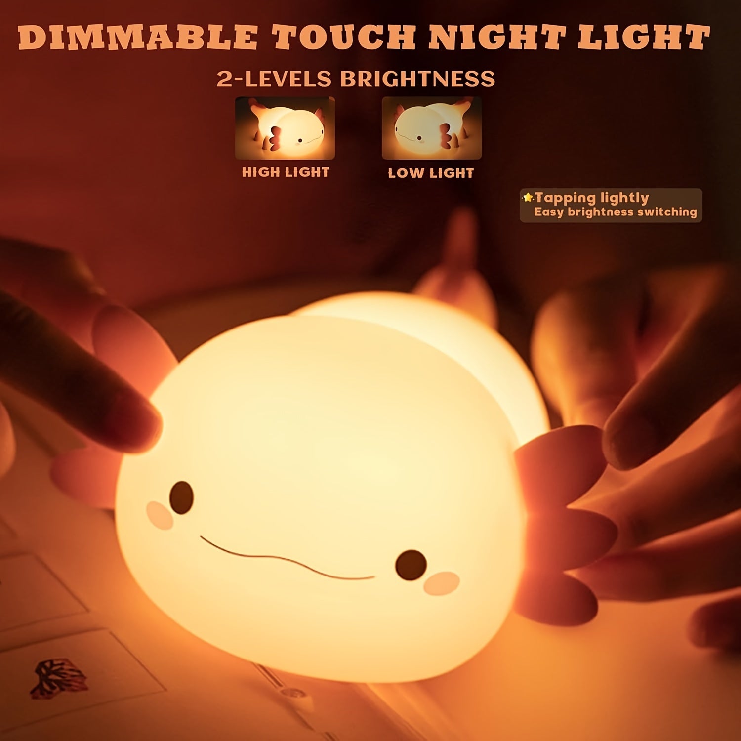 Axolotl Night Light for Kids Touch Control Dimming Timer USB Rechargeable Silicone Lamp for Bedroom