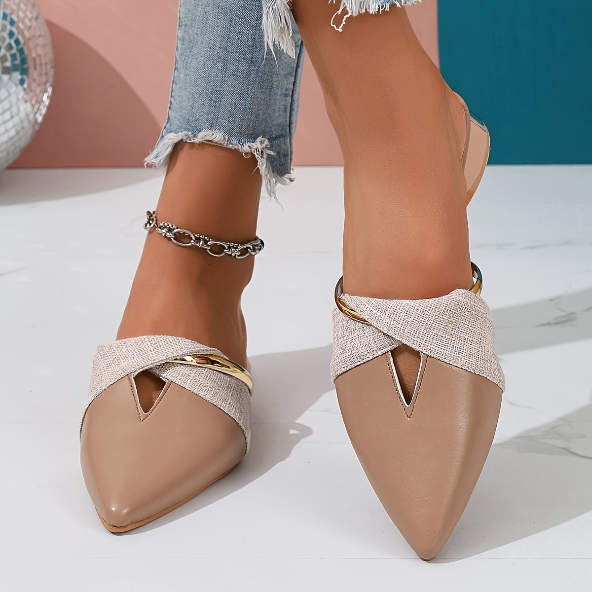 Women's Summer Leather Pointed Toe Sandals with Thick Heel and Support