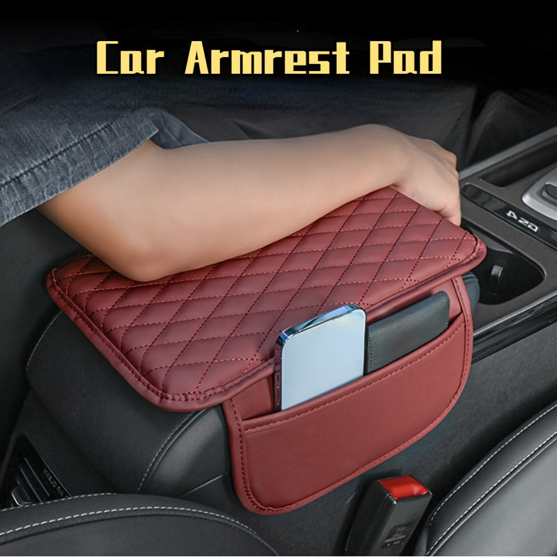 Red PU Leather Car Armrest Pad with Quilted Design and Storage Pocket
