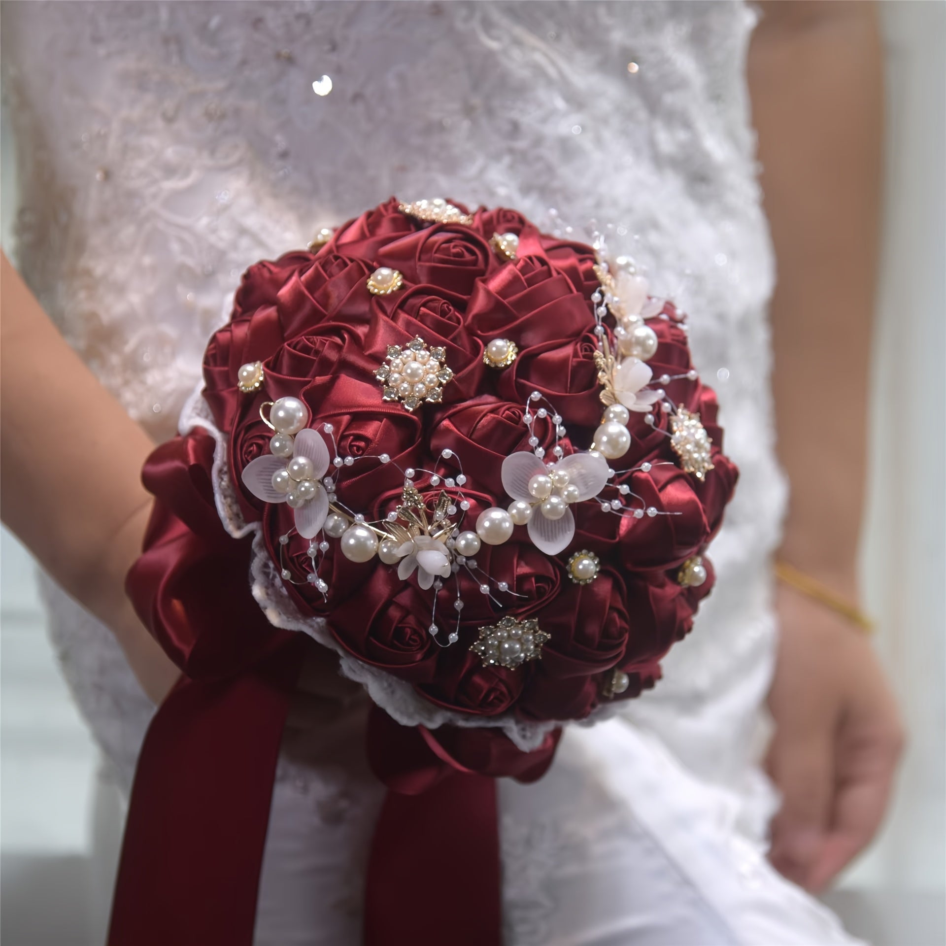 Satin Rose Wedding Bouquet Handcrafted Bridal Wrist Corsage Blue White for Bridesmaids and Events