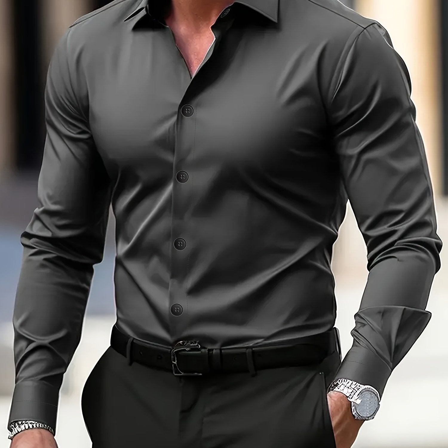 Men's Green Long-Sleeve Polyester Dress Shirt Semi-Sheer Lapel Business Formal