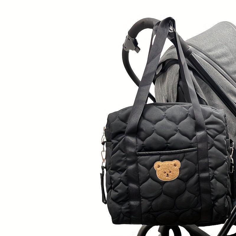 Diaper Bag with Bear Design Stroller-Friendly Travel-Ready Polyester White Black