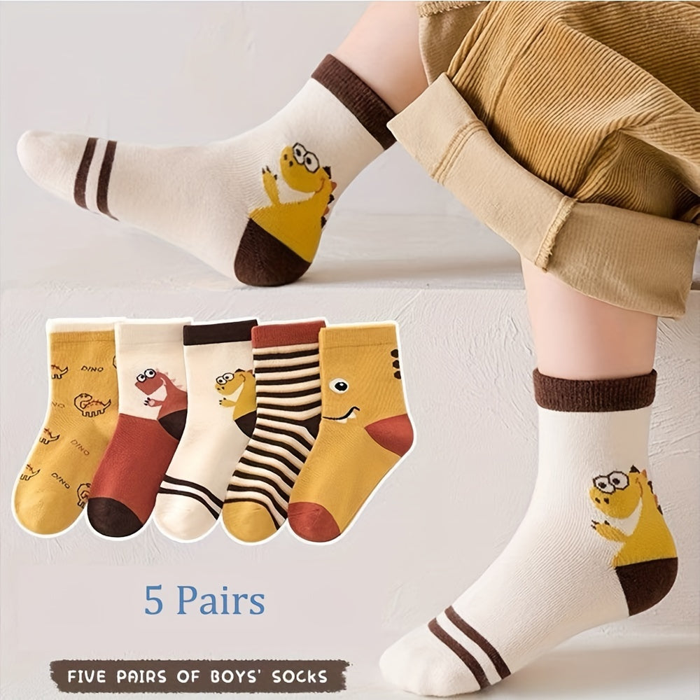 Boys' Cartoon Dinosaur Socks 5 Pairs Fall Winter Color Block Crew Socks
