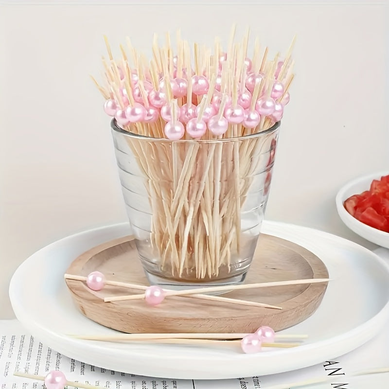 Set of 100 Bamboo Cocktail Picks with Pearls for Appetizers and Fruit Skewers