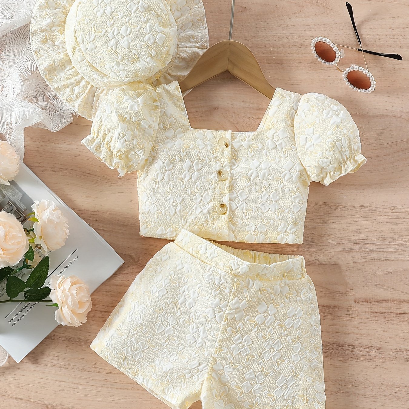 Baby Girls Summer Outfit Floral Jacquard Puff Sleeve Crop Top Shorts Hat Casual 12 Months