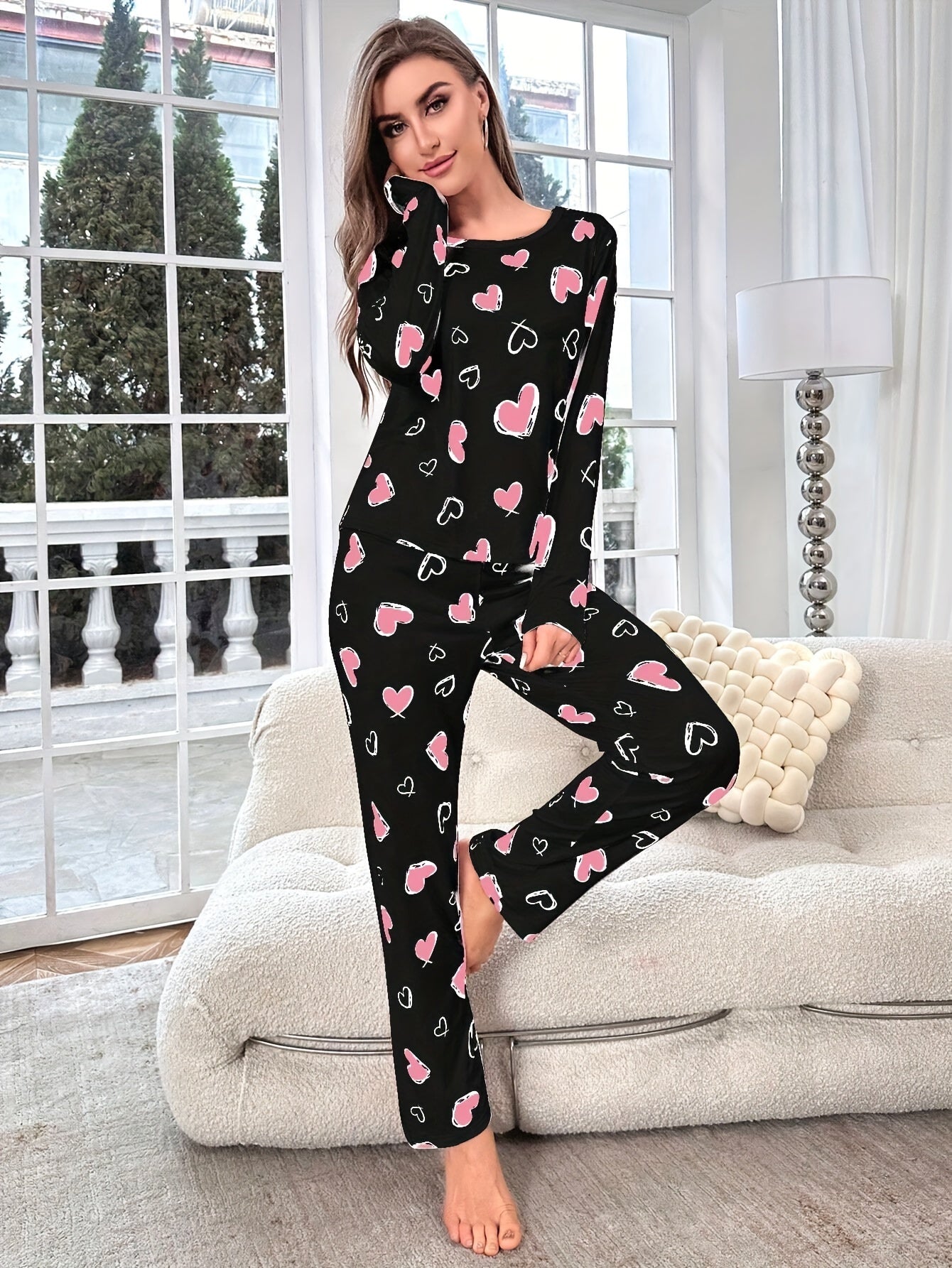 Women’s Heart Print Pajama Set Cozy Knit Fabric All-Season Loungewear