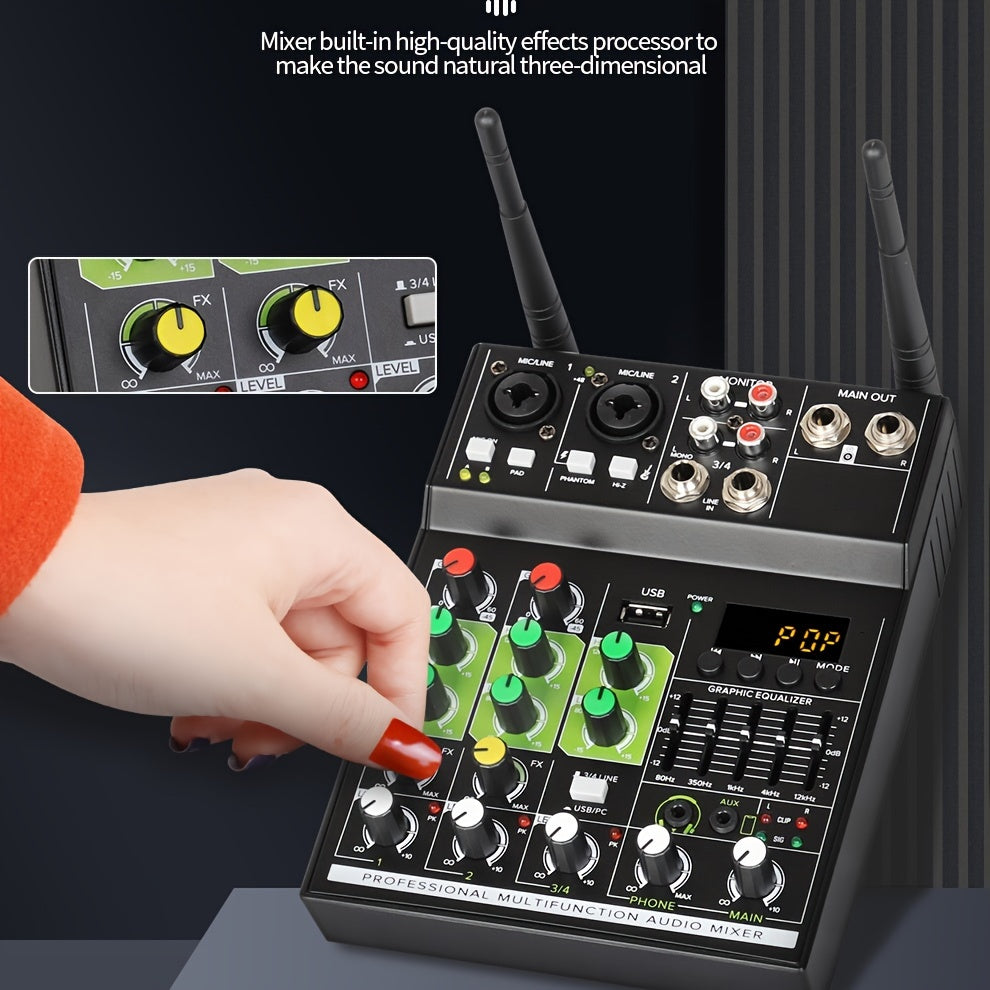 Professional 4-Channel Audio Mixer with Built-in Receiver for Karaoke and Recording Studio