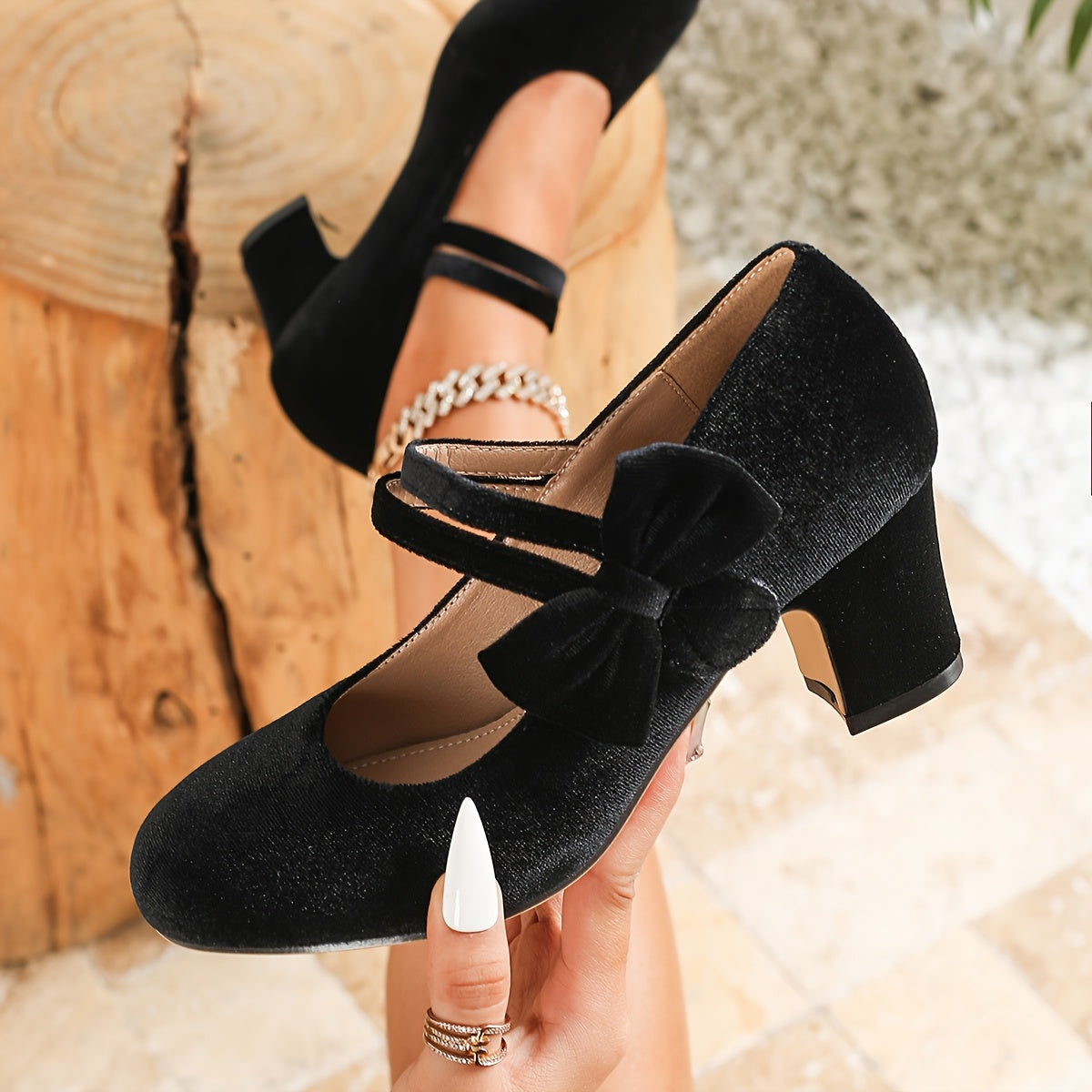 Women's Velvet Bow Mary Jane Pumps with Chunky Heel for Weddings