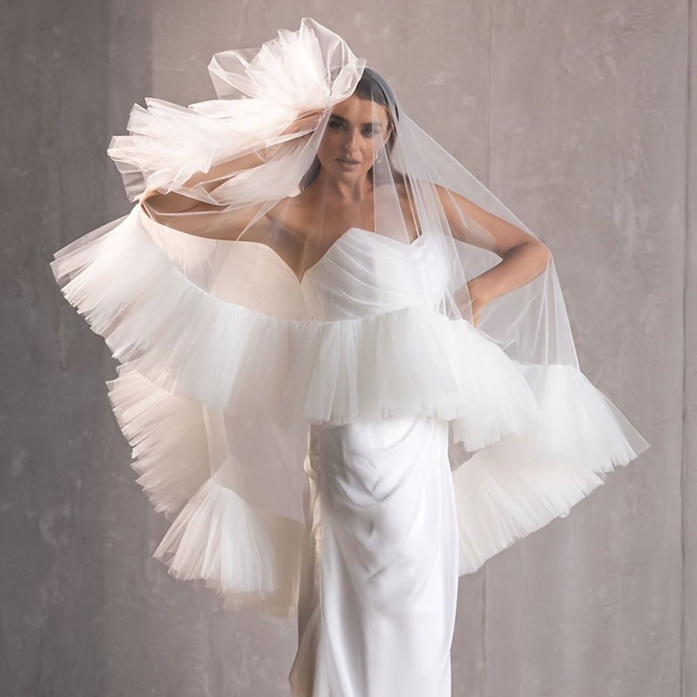 Velo de novia con borde de volante y detalle de borla, diseño de volante en capas, lavable a mano