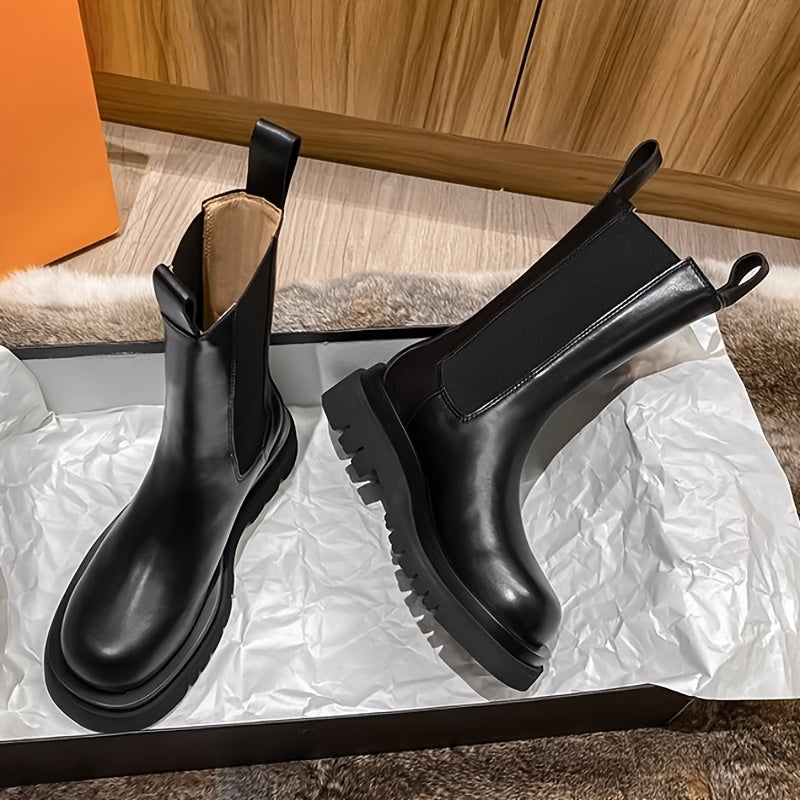 Women's Black Chelsea Boots with Thick Sole and Mid-Heel
