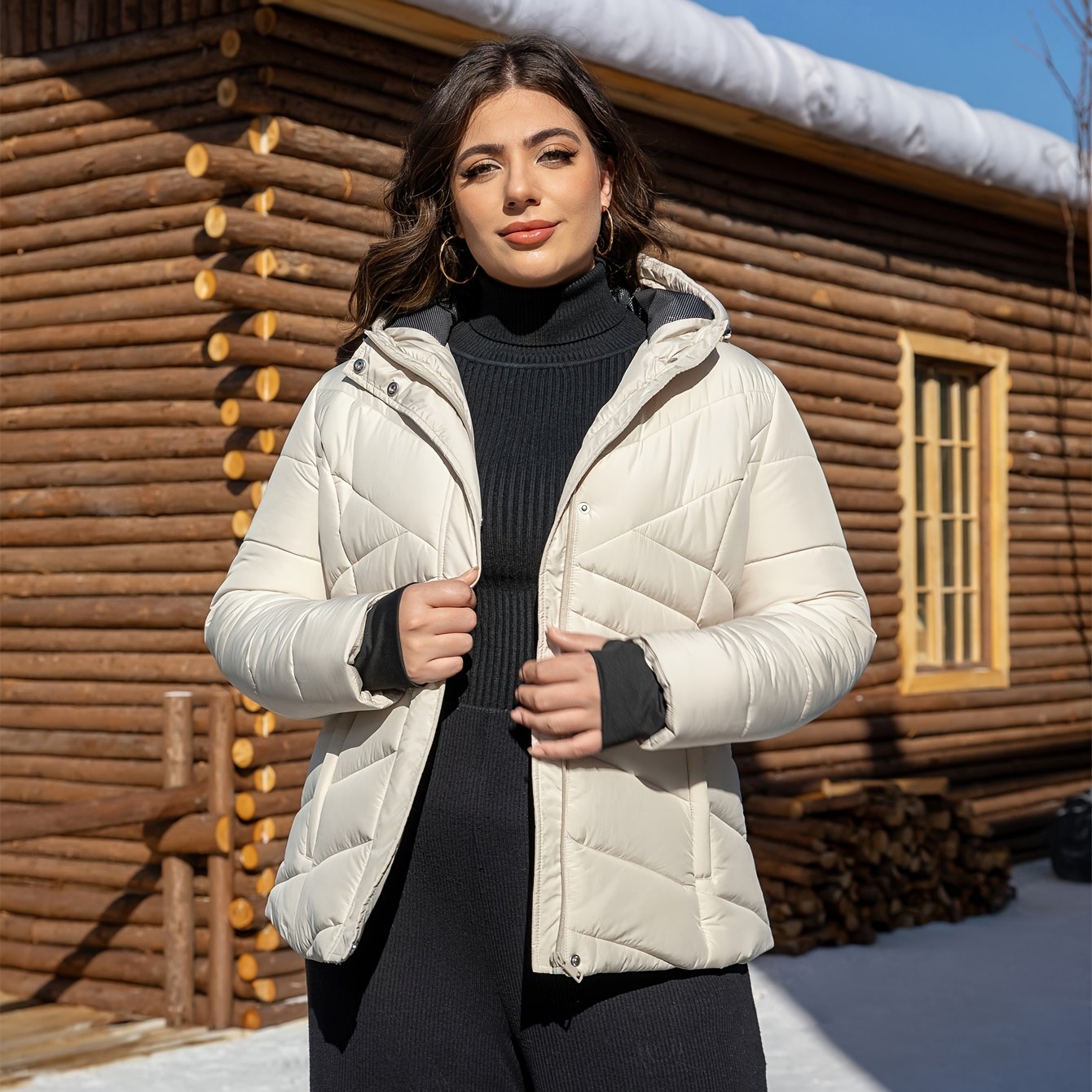 Katta o'lchamdagi ayollar uchun kapuchonli kurtka, 100% polyesterdan tayyorlangan, bir rangda, kuz/qish uchun mukammal. Cho'ntaklar va shamolga chidamli dizayn xususiyatlariga ega.