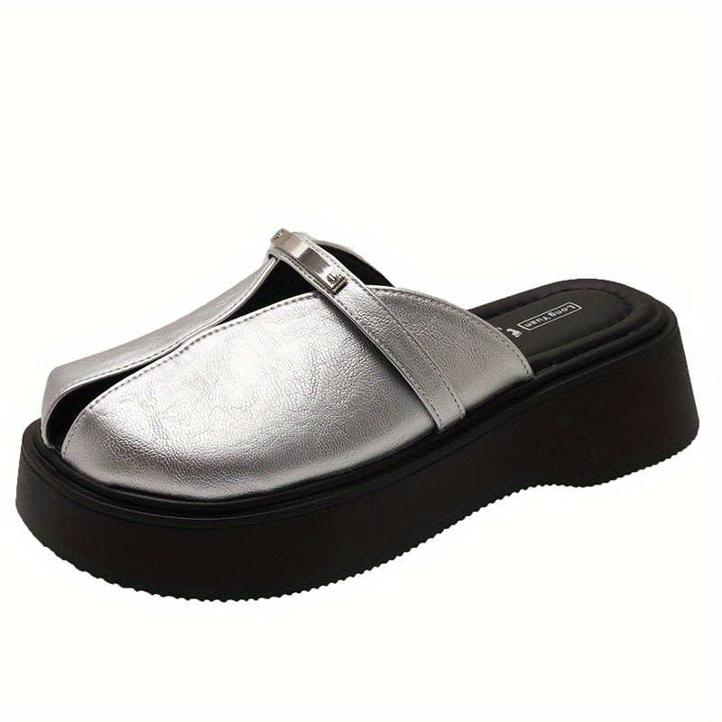 Women's Silver Mules with Chunky Platform Heels Casual Shoes