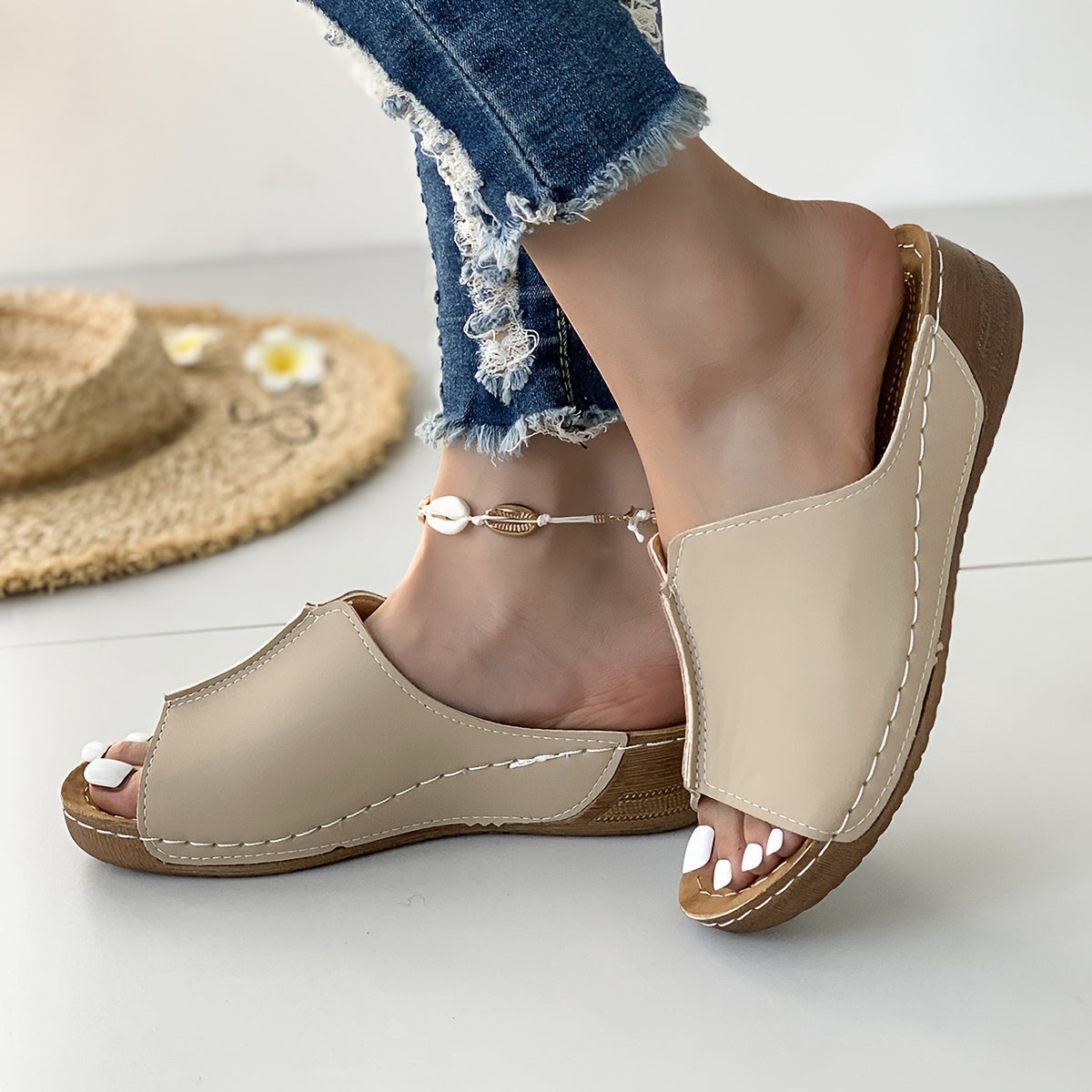 Women's Faux Cover Slip-On Sandals Mid-Heel Round Toe Casual All-Season