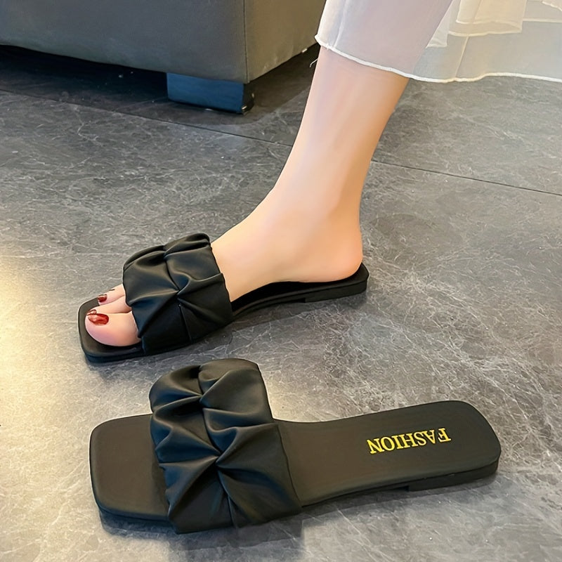 Women's Ruched Band Flat Slides Casual Open Toe Non Slip Shoes