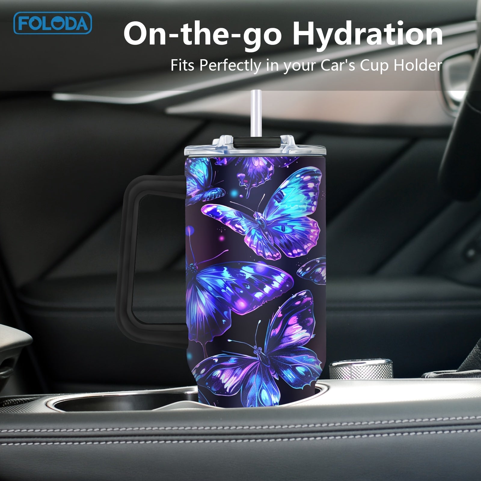 40oz zanglamaydigan po'latdan tayyorlangan tumbler, kapalak naqshli va quvurlar bilan, ochiq havoda faoliyat uchun