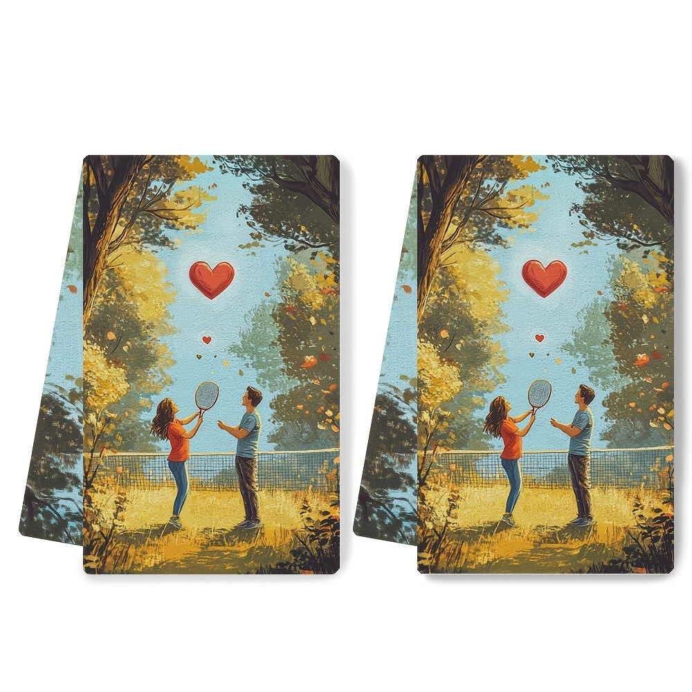 Ultra-Soft Kitchen Towels Absorbent Dish Towels with Park Couple Playing Badminton