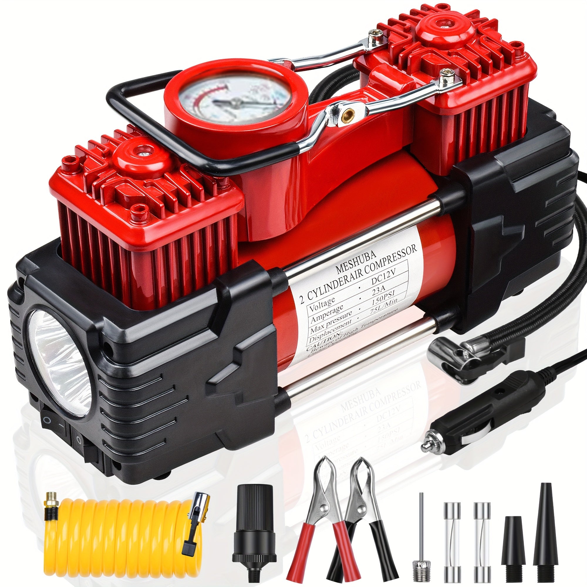 12V Twin Cylinder Air Compressor for Vehicles Bicycles with Accurate Gauge and Emergency Light