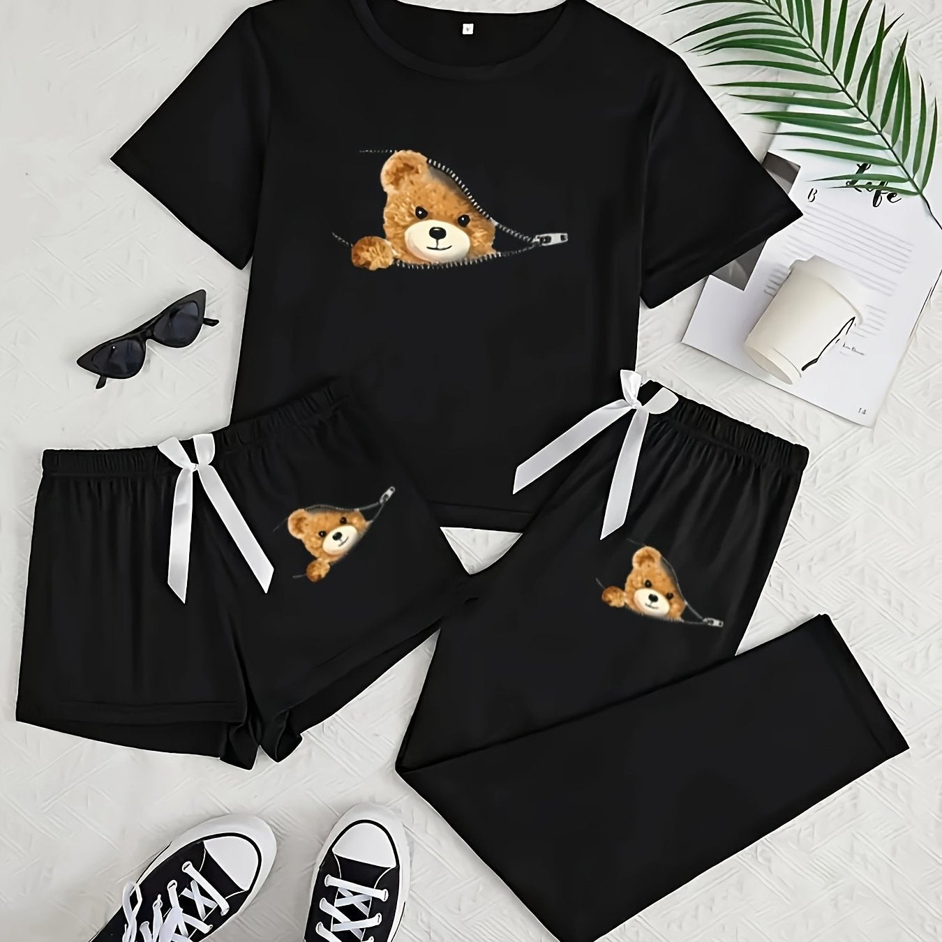 Women's Pajama Set with Zipper Bear Print Short Sleeve Top and Long Pants