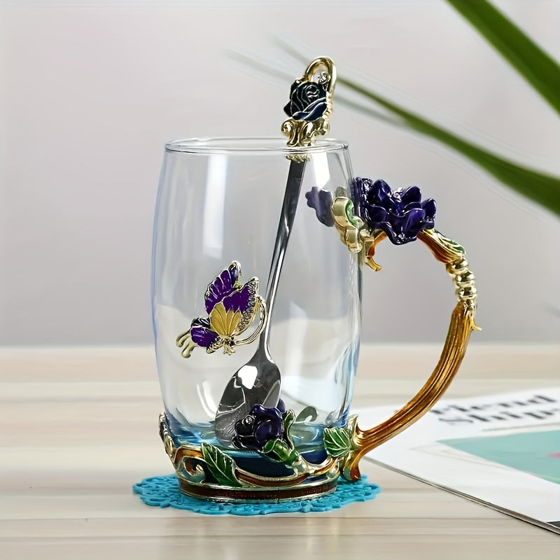 11.8oz Glass Tea Cup Set with Coaster and Spoon Elegant Flower Pattern for Coffee Water